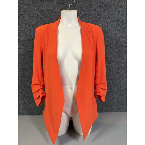 Rachel Zoe Size M Orange Stretch Open Front Blazer Jacket with Ruched Sleeves - Picture 2 of 12